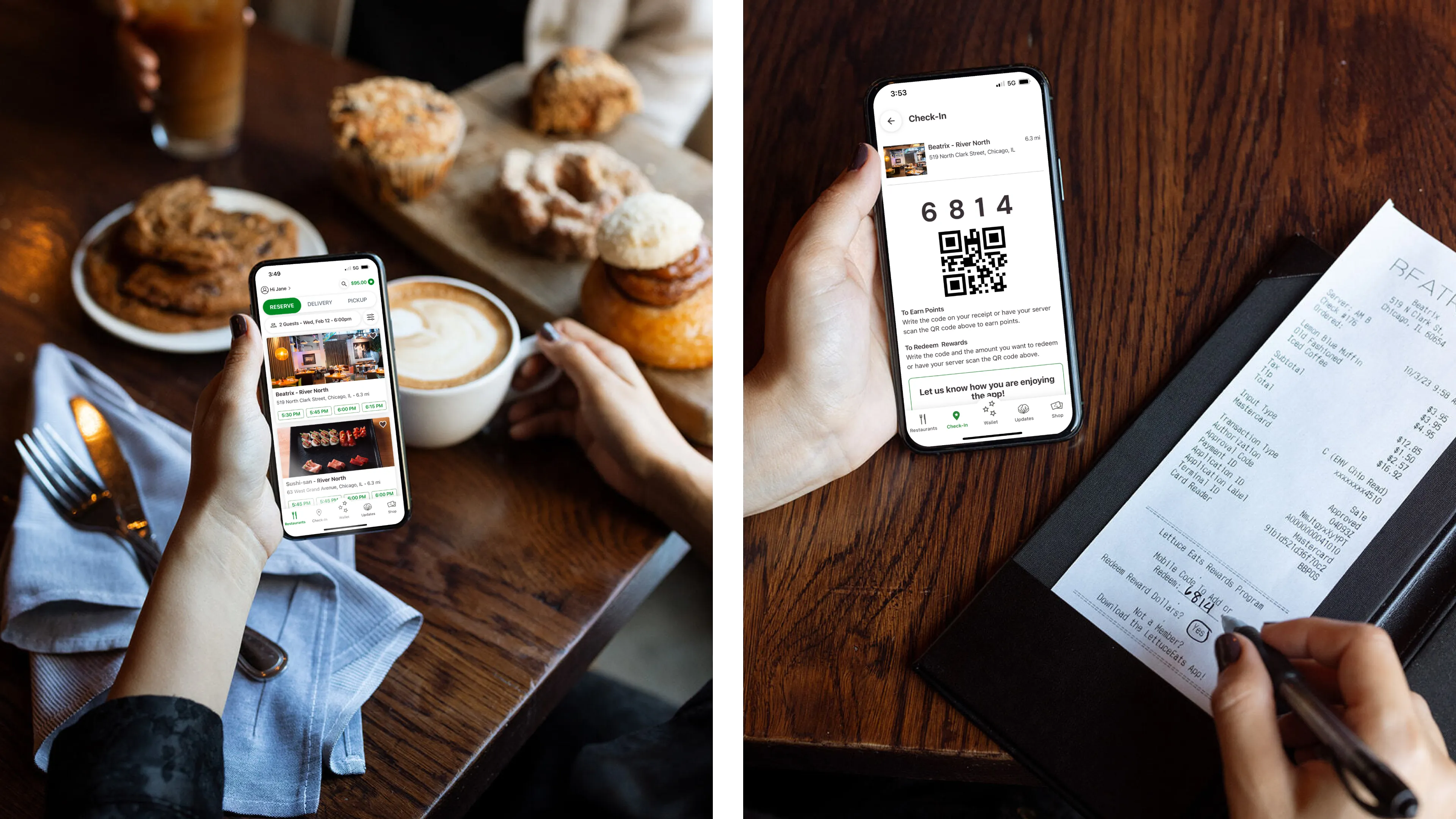 Person using LettuceEats Mobile app in restaurant